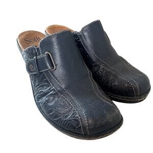 Sofft Blue Leather Mules Shoes Size 7.5W Heels Slip On Western Boho Artsy